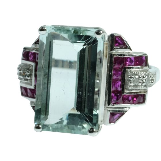 Deco-style Aquamarine Ruby & Diamond Ring in 9ct White Gold