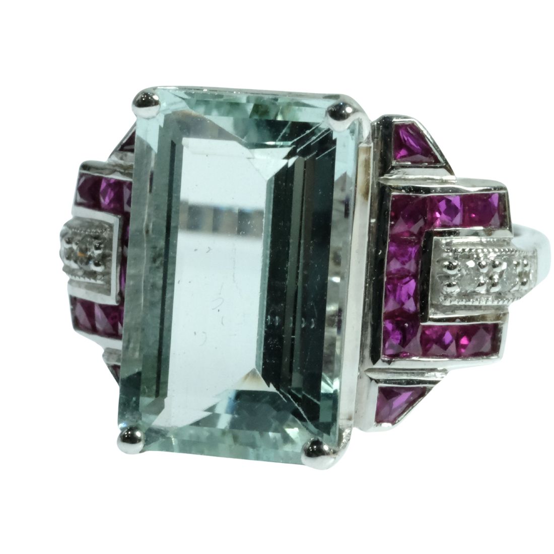 Deco-style Aquamarine Ruby & Diamond Ring in 9ct White Gold