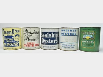 Lot of five one gallon oyster tins