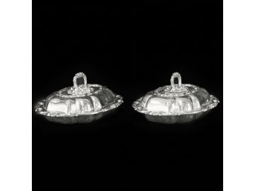 Vintage Silver Plated Shaped Covered Vegetables Dishes, Pair, with Removable Handles
