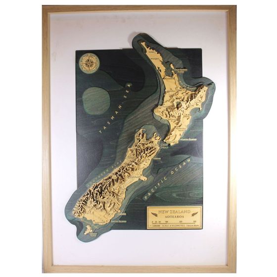 New Zealand (Aotearoa) Topographical Map in Machined Wood