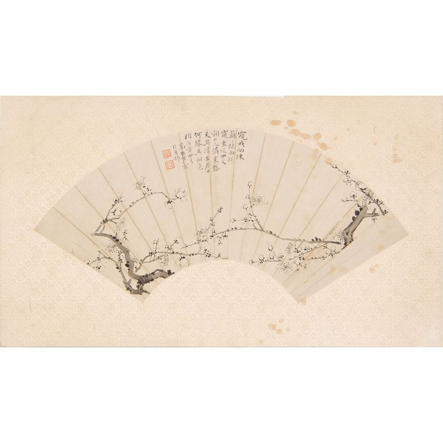 高野侯   梅花扇面 A Chinese flower fan painting, signed Gao Yehou (Chinese, 1878–1952)