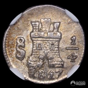 Chile, Santiago. ¼ Real. 1817 (Fernando VII). NGC MS62. Nota: Sin puntos.