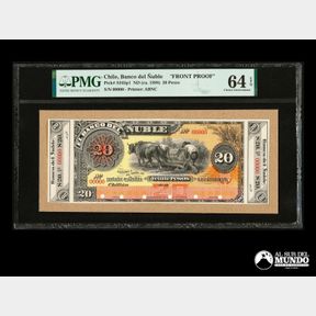 Chile, Banco del Ñuble. 20 Pesos. Ca. 1888. PMG Choice UNC 64.