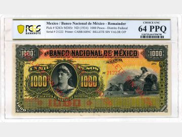 M305r – 1000 Pesos El Banco Nacional de México, sin fechar. PCGS UNC64 PPQ.