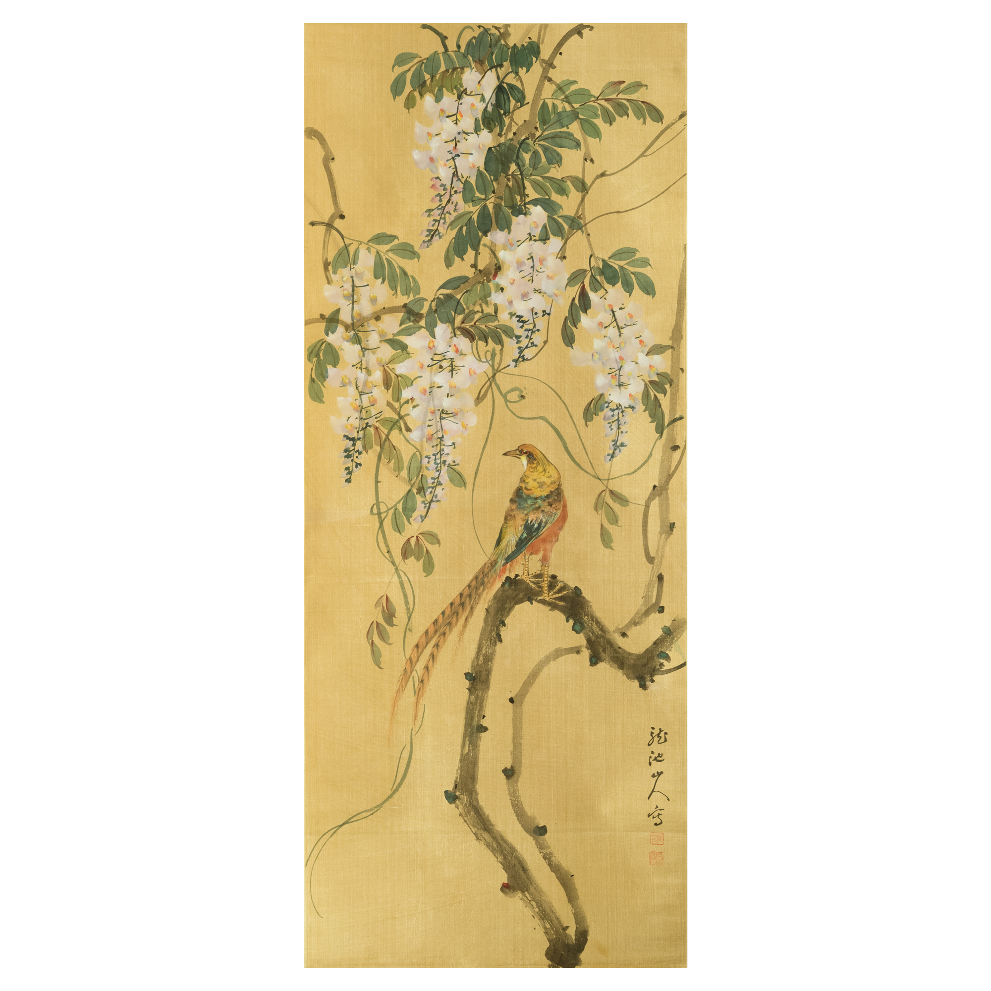 龍池山人花鳥立軸A Chinese 'flowers' and 'birds' painting, by Long