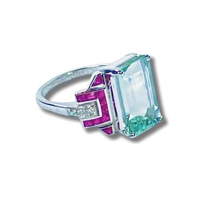 Deco-style Aquamarine Ruby & Diamond Ring in 9ct White Gold