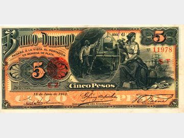M332c – 5 Pesos El Banco de Durango, 1913. AU+.