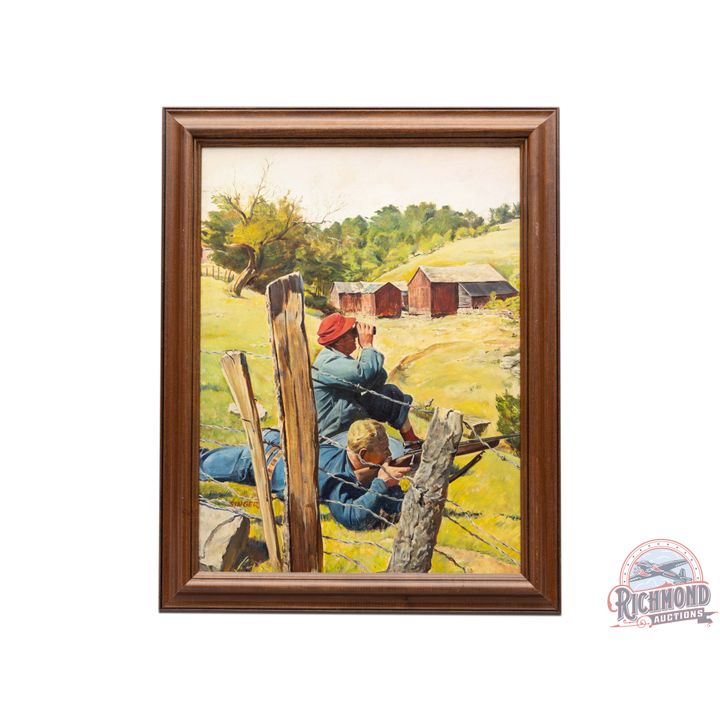 Hunter & Spotter in Rolling Landscape Oil on Masonite Signed Framed Art Painting Malvin Singer