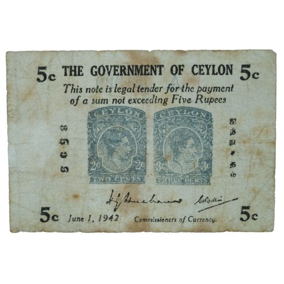 Ceylon WWII June 1, 1942 'Emergency' 5 Rupees , Fine details