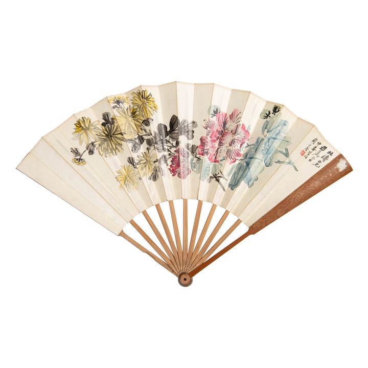 商笙伯、諸宗元 花卉·書法成扇 A Chinese fan flower painting with calligraphy, signed Shang Shengbo (Chinese, 1869-1962); Zhu Zongyuan (Chinese)
