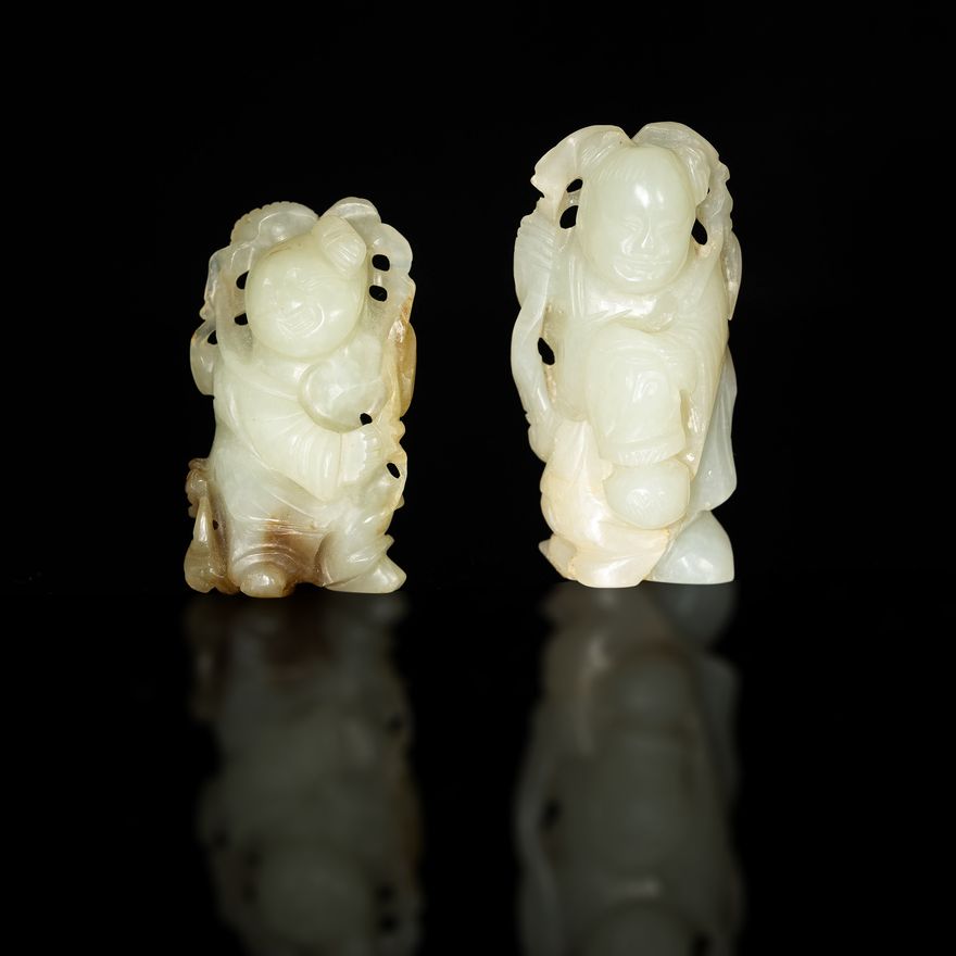 十九世紀 玉童子兩個 Two Chinese carved jade boys, 19th century
