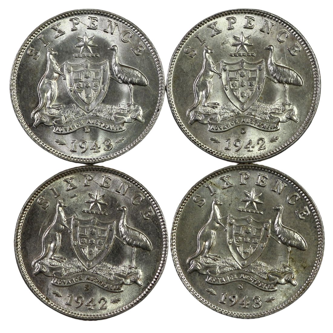 Australia 1942 'D' & 'S' Sixpences & 1943 'D' & 'S' Sixpences, Choice Uncirculated (4 coins)