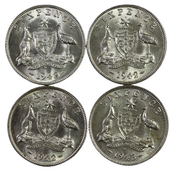 Australia 1942 'D' & 'S' Sixpences & 1943 'D' & 'S' Sixpences, Choice Uncirculated (4 coins)