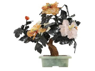 Vintage Oriental Stone Bonsai Tree in Jade Rectangular Base