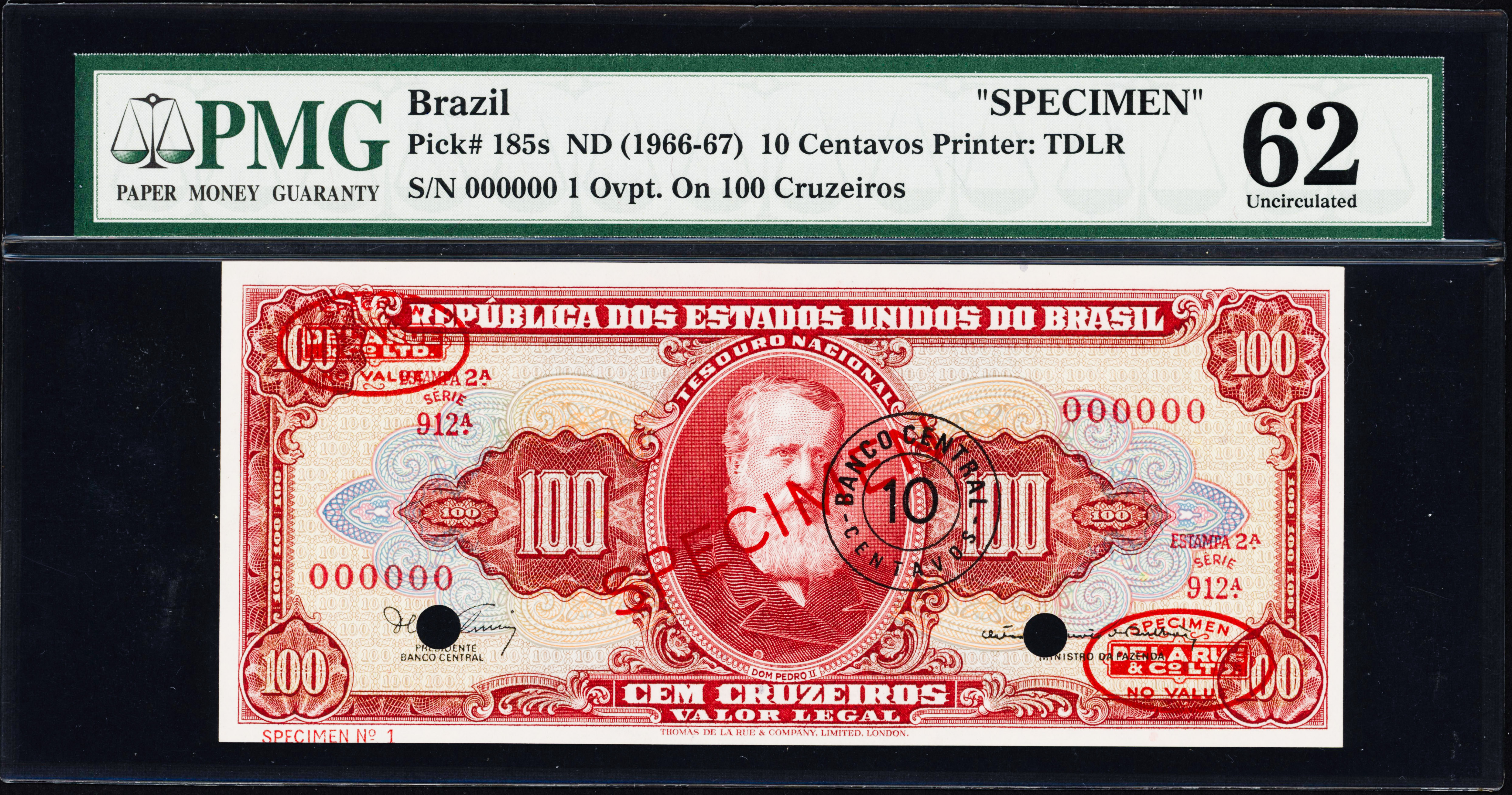 Brazil 1966 10 centavos S/N:000000 SPECIMEN No:1 PMG 62 Brazil 1966 10 centavos S/N:000000 SPECIMEN No:1 PMG 62