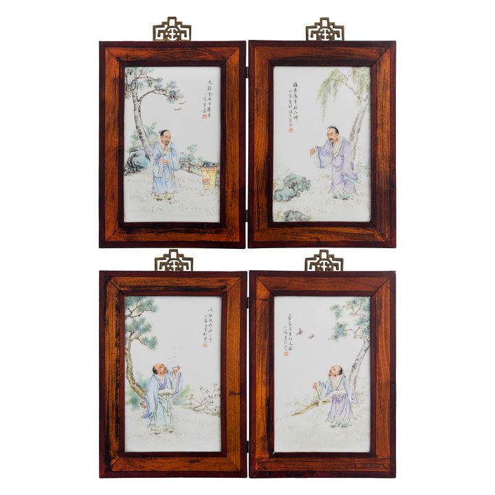 民國 粉彩人物四扇桌屏 A set of four Chinese porcelain plaques table screen, Republic period