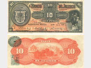 M387c – 10 Pesos El Banco de Jalisco 1914. VF