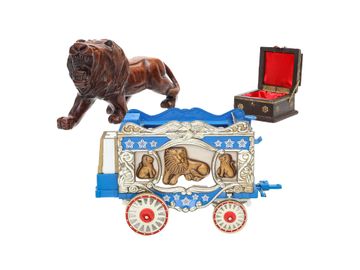 Group of Three Decorative Accessories, Trinket Box, Carved Lion, Jim Beam Wagon