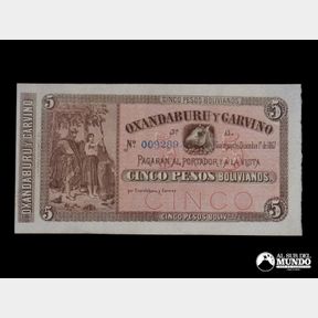 Argentina, Banco Oxandaburu y Garbino. 5 Pesos Bolivianos 1867.