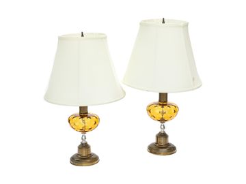 Vintage Hollywood Regency Style Amber Glass Table Lamps, Pair