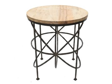 Unique Round Wrought Iron Side Table with Bleached Oak Top
