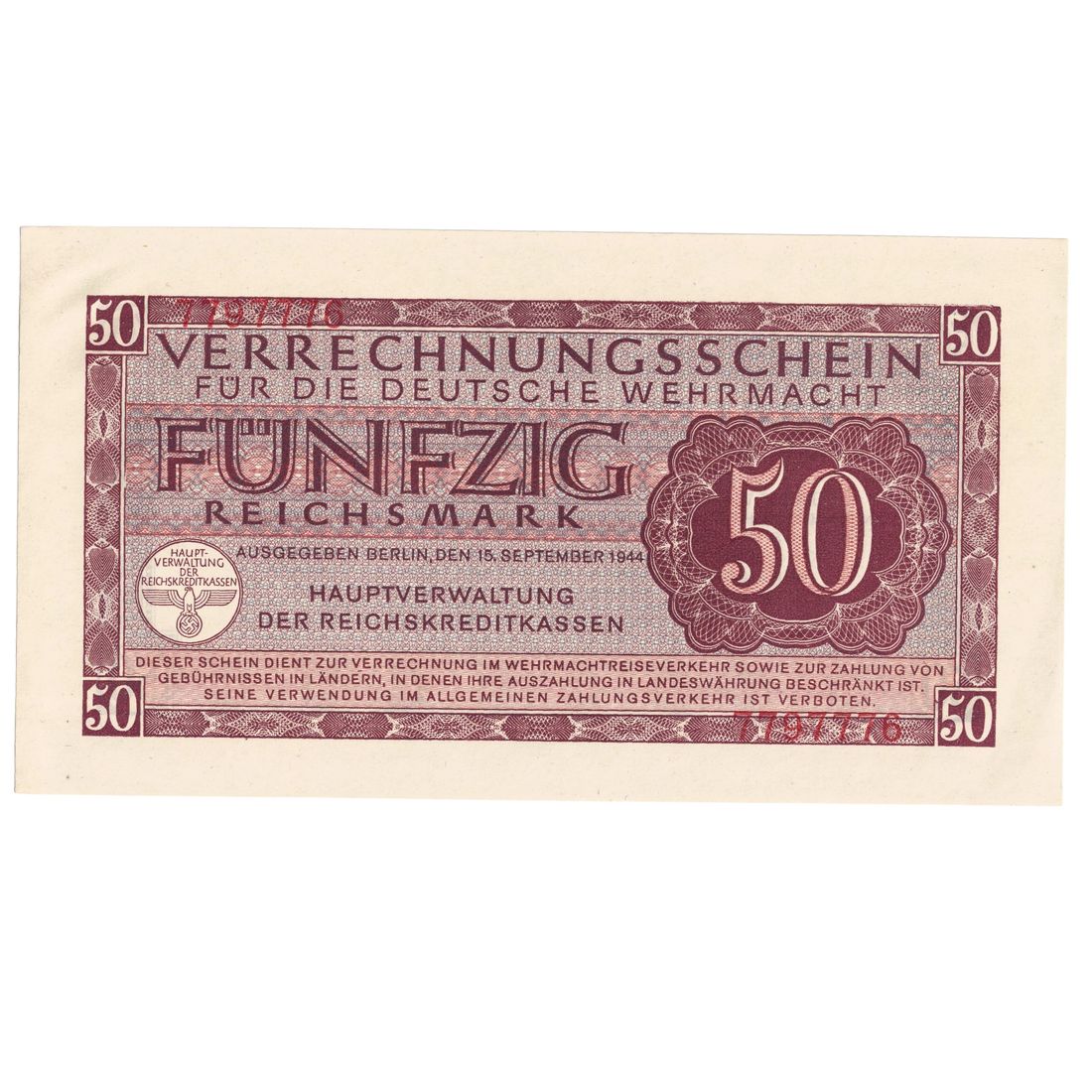 Germany Wehrmacht 1944 Fünfzig (50) Reichsmark, virtually Uncirculated OPQ