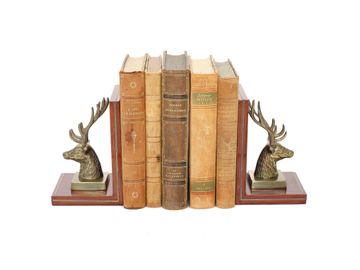 Great City Traders Solid Brass Elk Bookends with Five Companion Leather Bound Books
