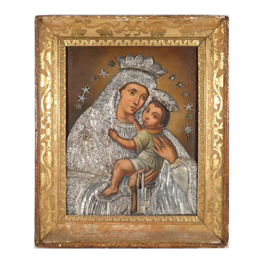 19C Madonna & Child Icon Painting w Riza