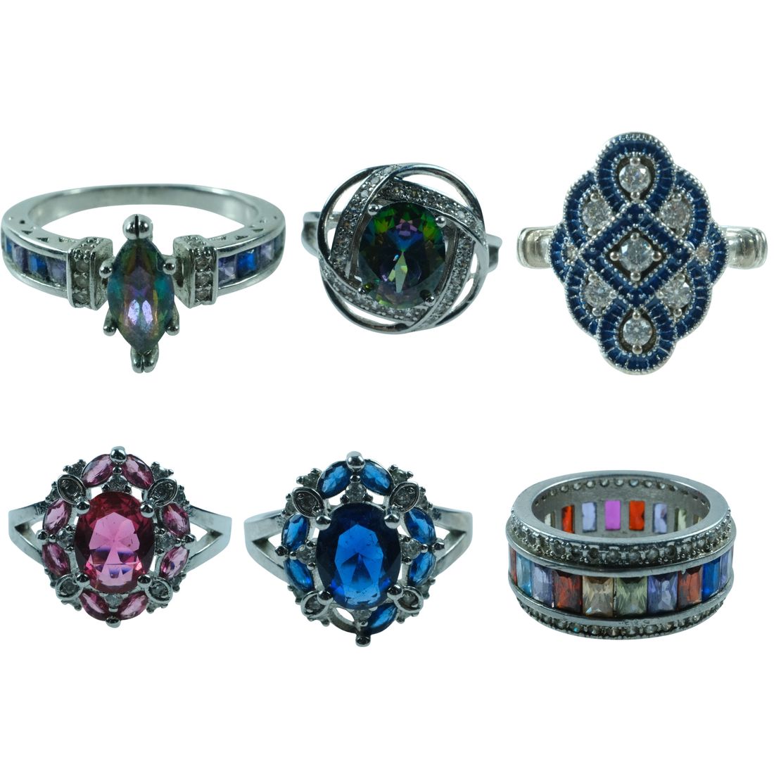 Silver-plated Costume Rings with Faux Coloured Jewels (6)