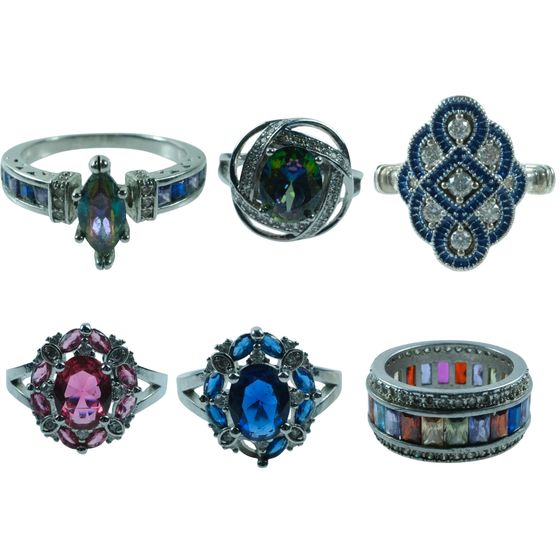 Silver-plated Costume Rings with Faux Coloured Jewels (6)