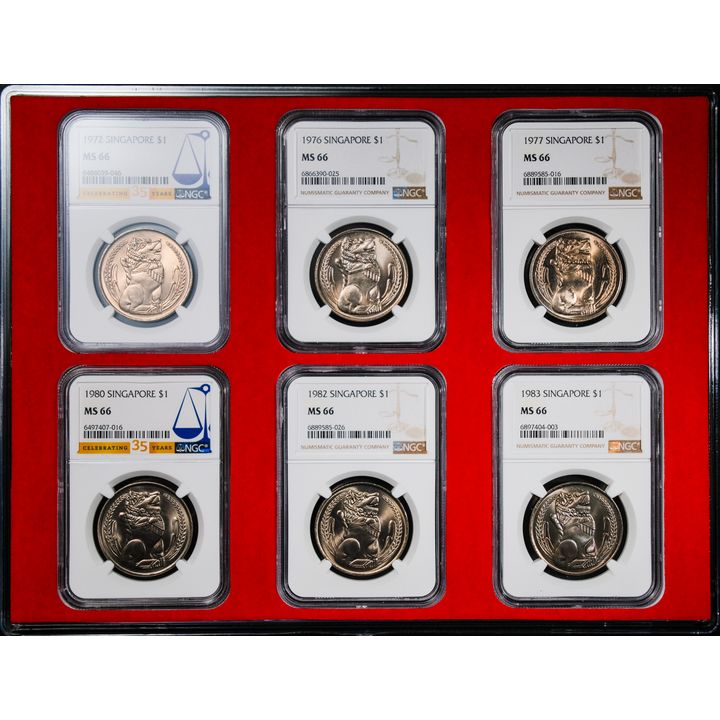 Singapore Merlion 1972,76,77,80,82,83 $1 NGC MS66 Total 6pcs