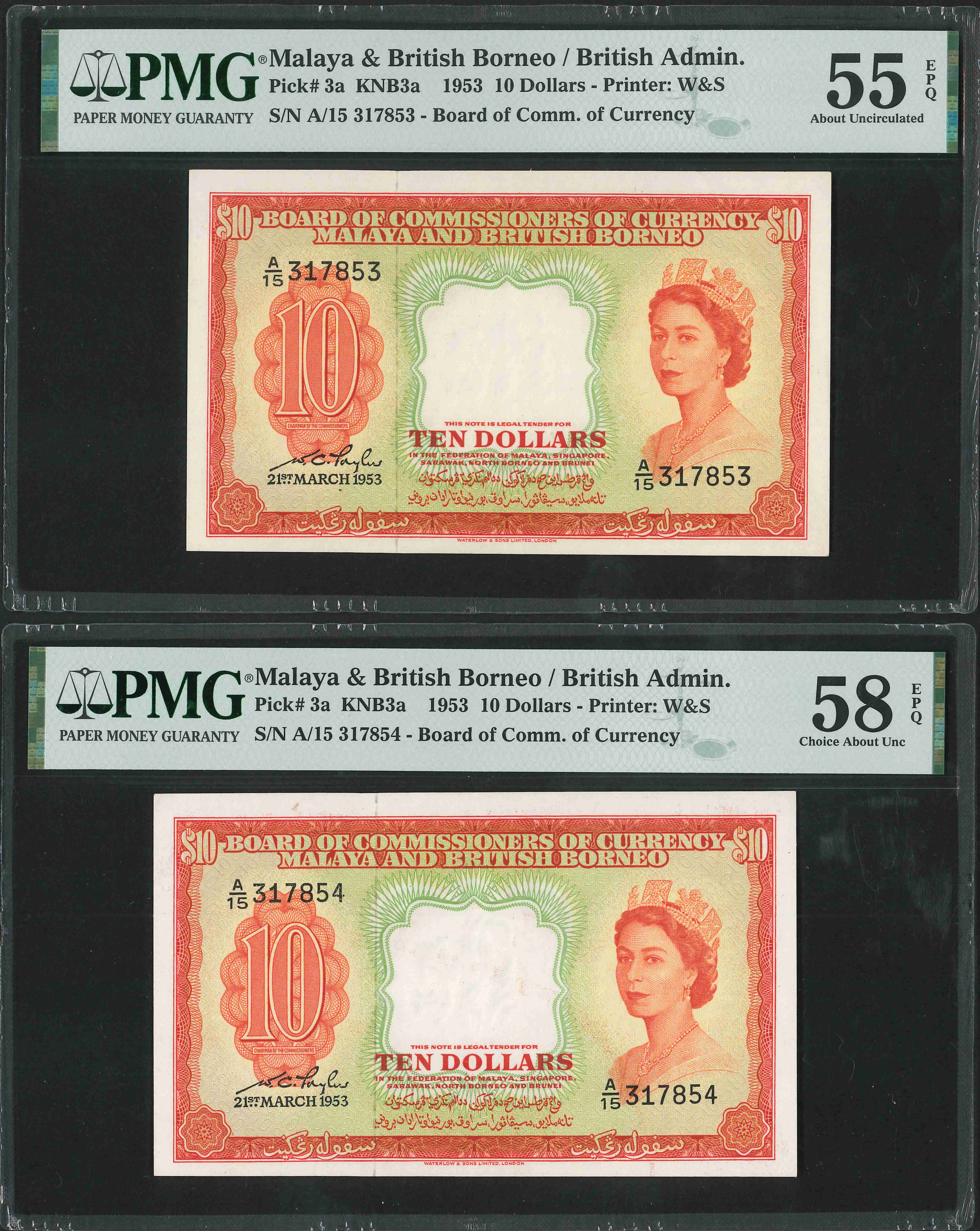 Malaya British Borneo, 1953, 10 Dollar, S/N. A/15 317853-854, 2