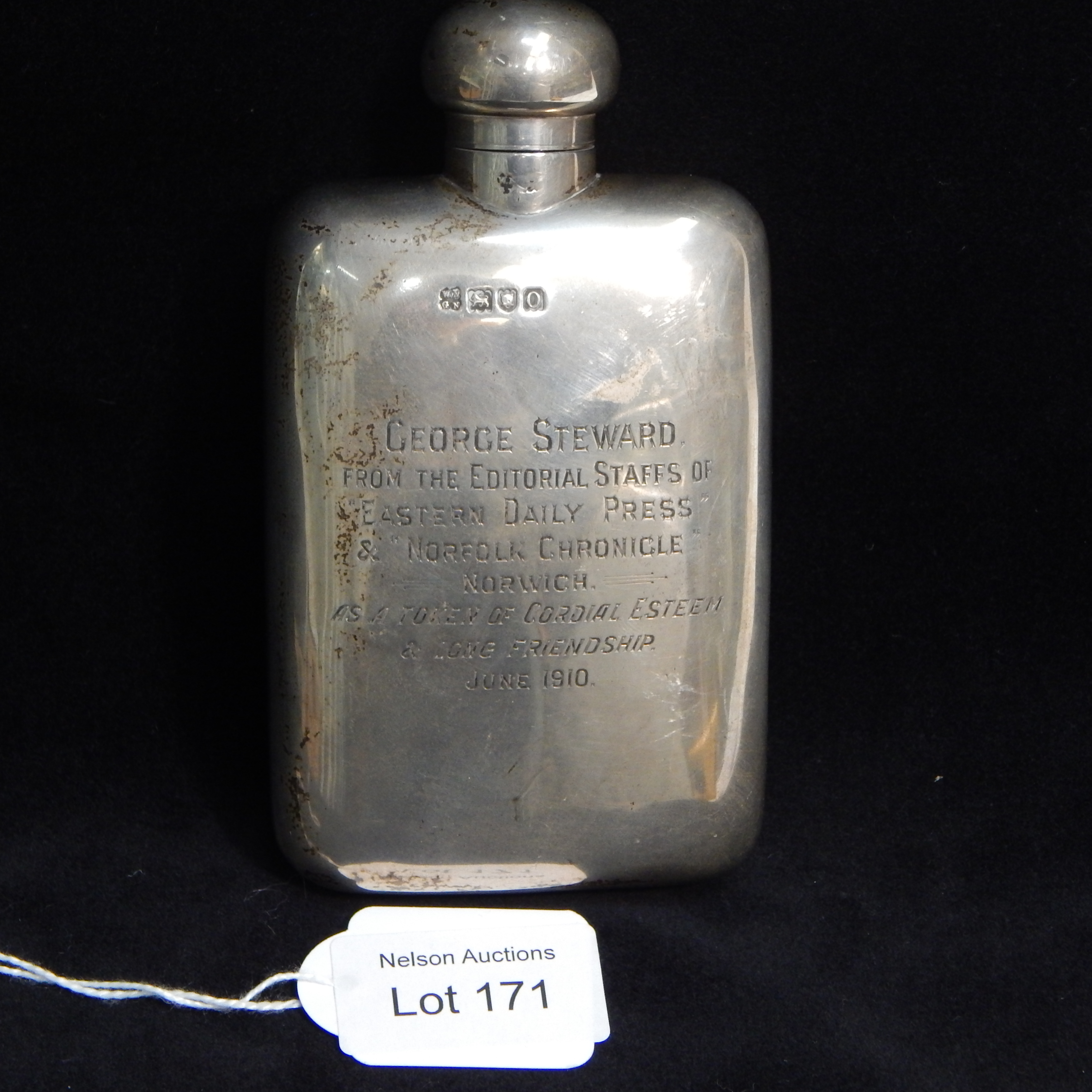 1909 Stg Silver Hip Flask engraved — sold at auction in New Zealand for $240