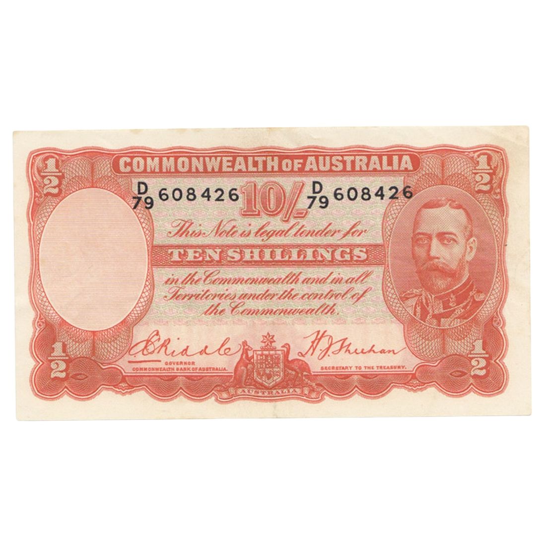 Australia 'Riddle - Sheehan' 10/- (1936), about Uncirculated OPQ