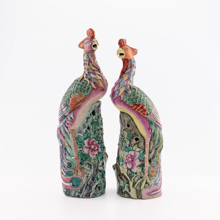 A pair of Chinese export porcelain phoenixes