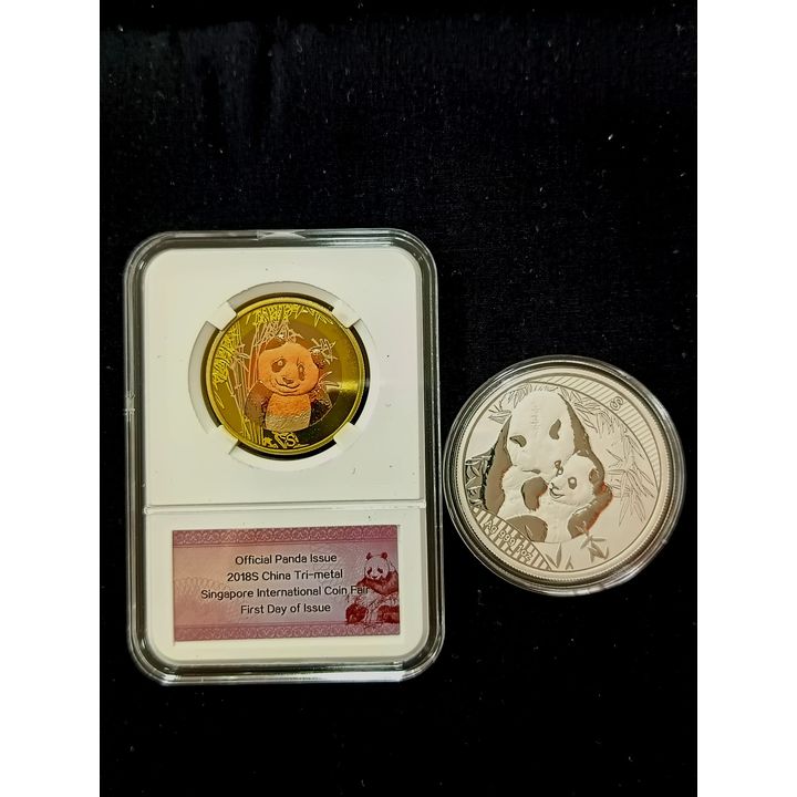 Singapore 2018 International Coins Fair Panda 1oz Silver Coins & 2018China Tri Metal singapore International coins fair Total 2pcs