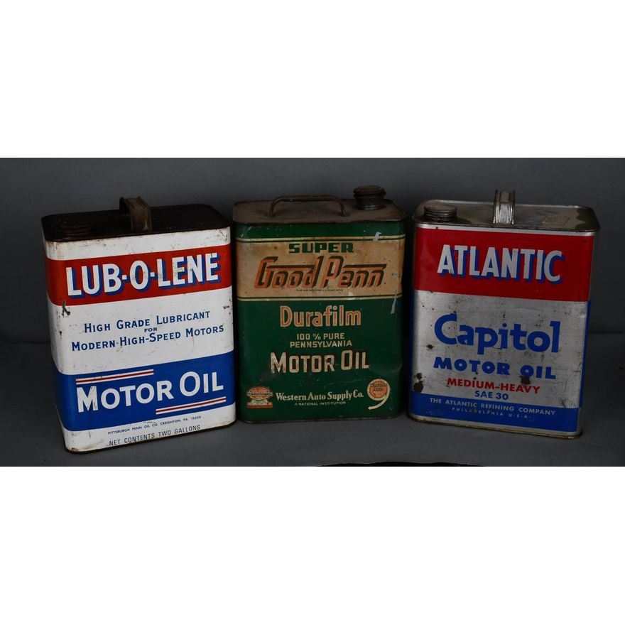 3-Two-Gallon Metal Motor Oil Two-Gallon Cans Good Penn, Altantic & Lub-o-lene