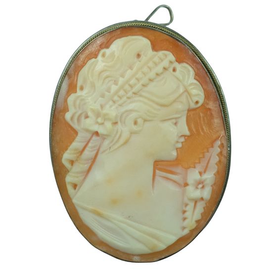 Vintage Shell Cameo set in European Silver (800) Brooch Setting with Suspension Loop