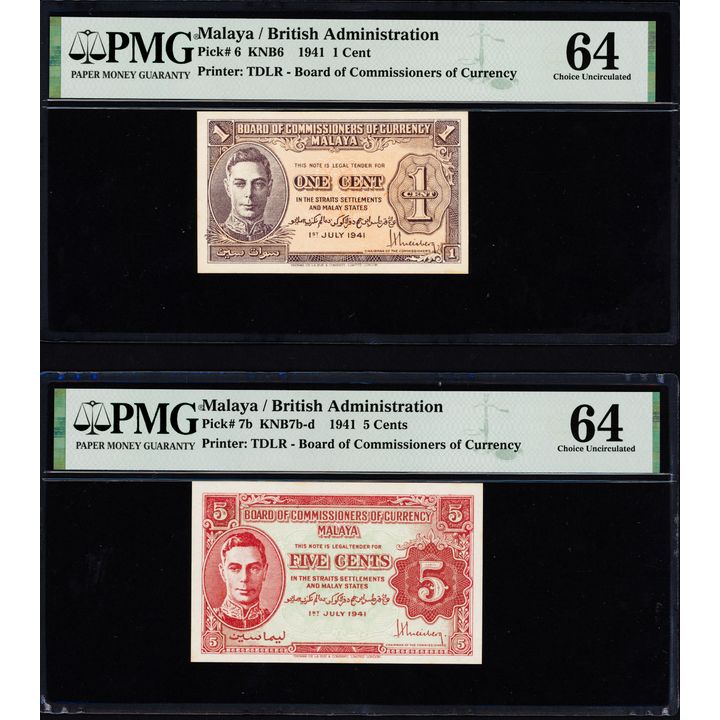 Malaya 1941 1,5,20cents x2pcs Total 4pcs PMG 64x2,30,53