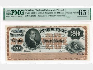 M693rl – 20 Pesos Nacional Monte de Piedad, Sin fecha. PMG 65 EPQ Gem Uncirculated. Remainder.