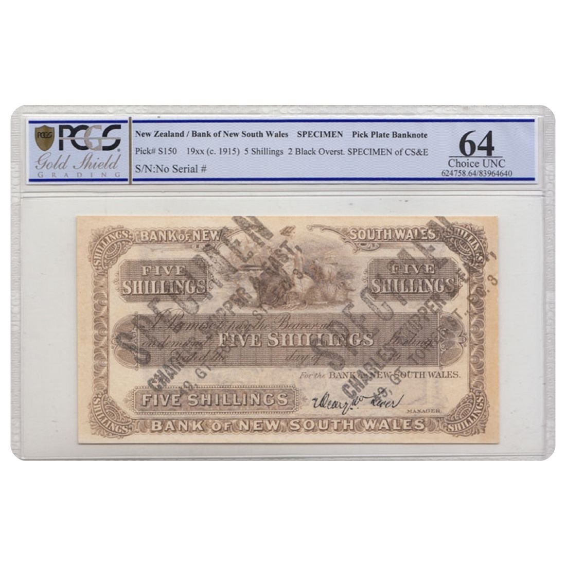 New Zealand Bank of New South Wales 'Specimen' Five Shilling (c.1915), PCGS 64
