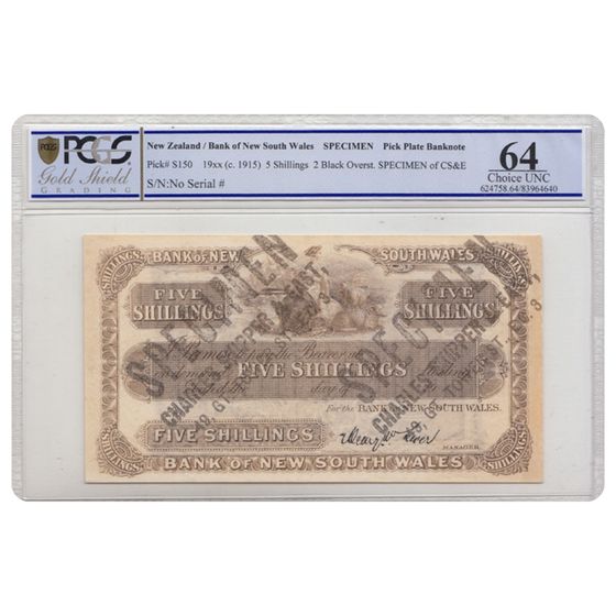 New Zealand Bank of New South Wales 'Specimen' Five Shilling (c.1915), PCGS 64