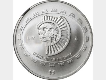 KM# 619 – 5 Pesos 1997 Mo, Disco de la Muerte. NGC MS69. TOP POP.