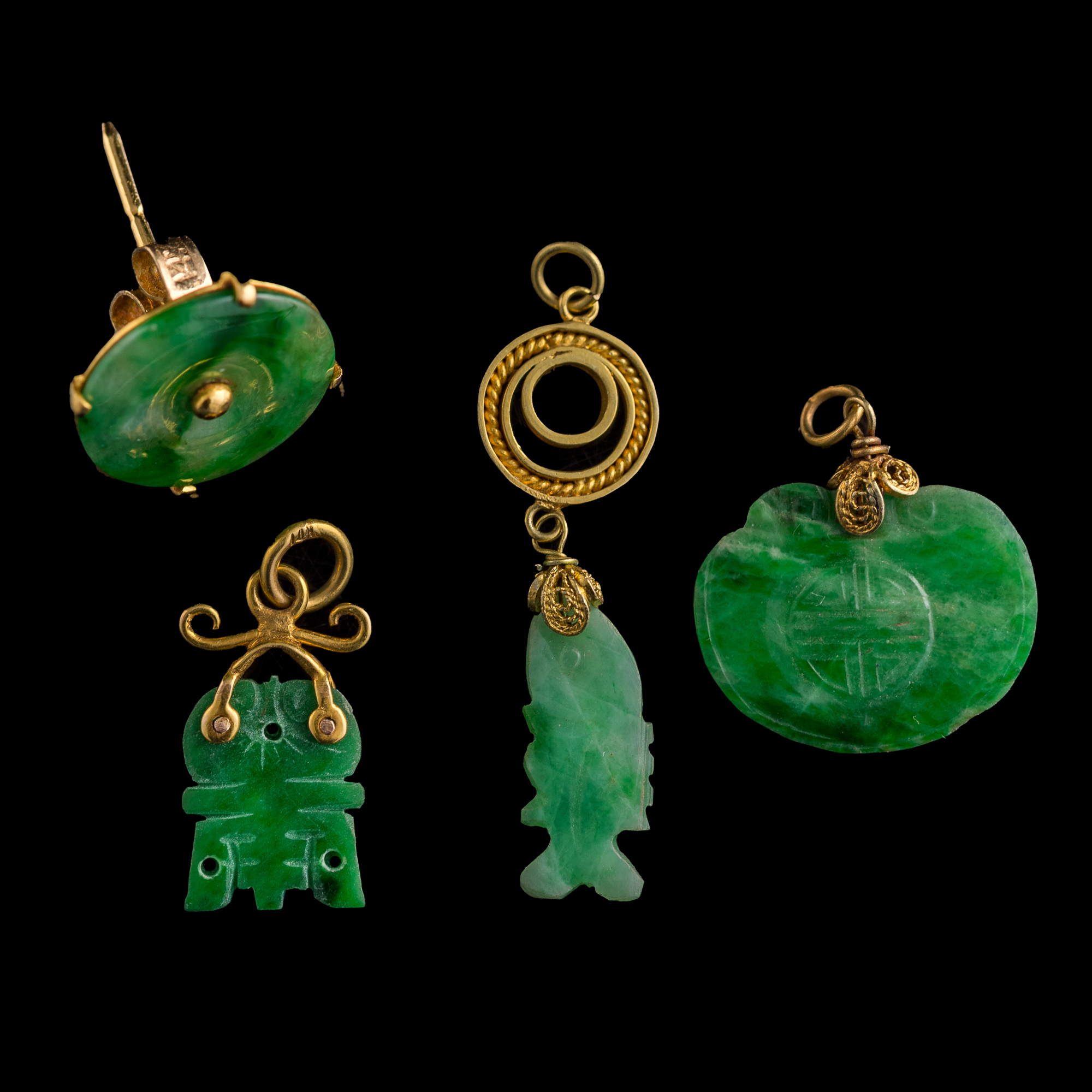 【第1位獲得！】 Chinese 清代/民國翡翠首飾四件Four jadeite Qing jewelry, 彫刻・オブジェ