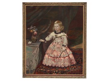 20th C. Signed and Dated Framed Tapestry, Infanta Margarita Teresa in Pink Gown