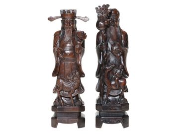 Carved Mango Wood Oriental God Figures, Companion Pair