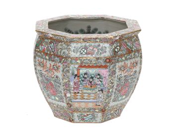 Vintage Octagonal Shaped Porcelain Planter in Rose Medallion Style