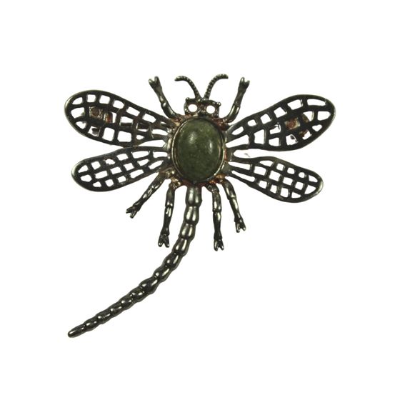 Dragonfly Brooch in Sterling (925) Silver armed with Vesuvianite Cabochon