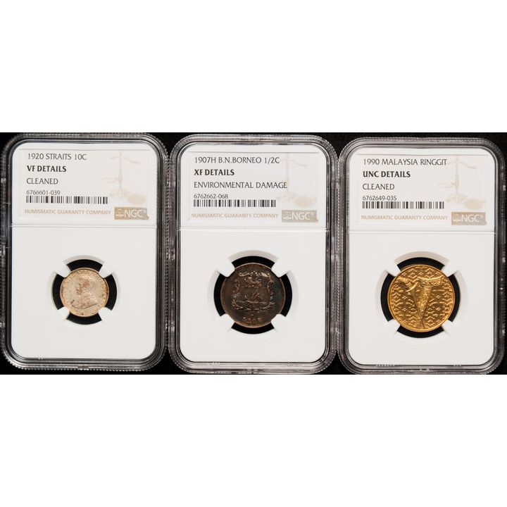 British North Borneo 1907-H 1/2cent,S.Settlements 1920 10cents NGC VF,Malaysia 1990 Ringgit NGC UNC Total 3pcs No reserved Price!